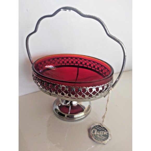 A Maywell Classic England Red Glass Oval Shaped Candy Bowl Silver Filigree Stand - Picture 1 of 9